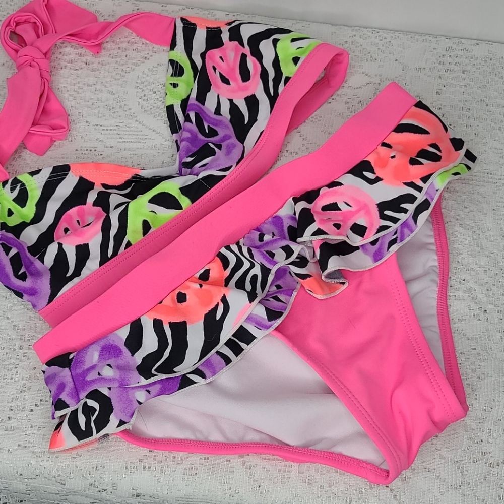 Justice girls 2pc ruffle peace bikini swim set 12